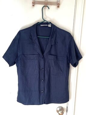 Vintage Liz Claiborne Chemise 100% Linen Dark Blue Button Up Collared Shirt Top